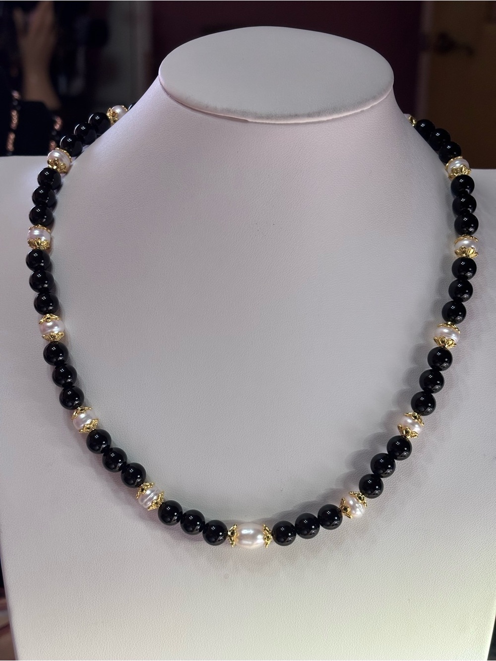 Black Onyx and Freshwater Pearl Necklace with Gold Accents 20 inches